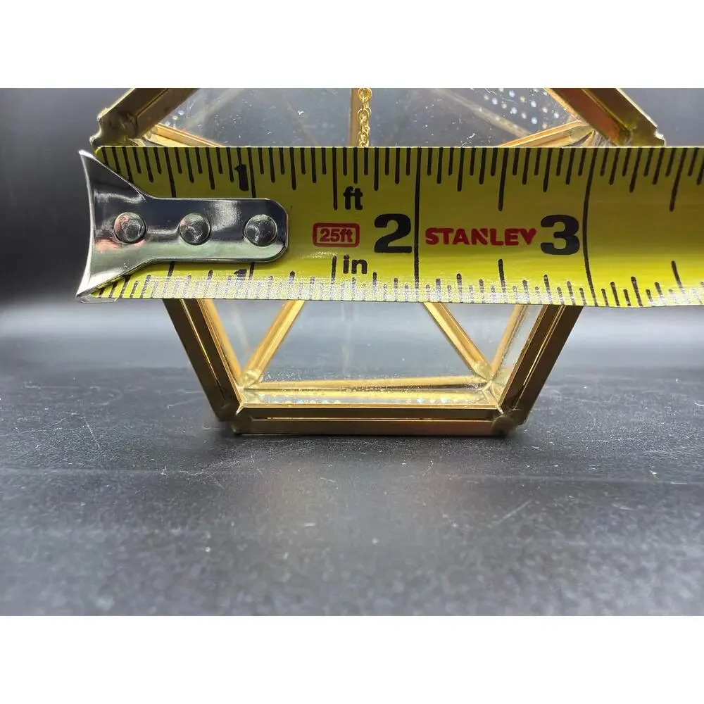 Vintage Brass Glass Pentagon Trinket Box Hinged Jewelry Case Terrarium 6.5